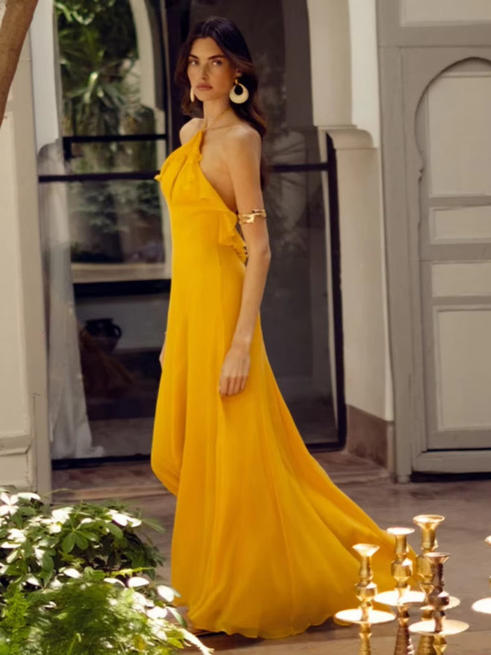 Chic Ruffles Hollow Out Halter Long Vacation Dress