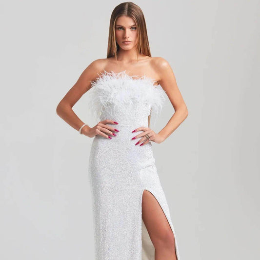 DOLLY SEQUIN FEATHER DRESS - REBECATHELABEL