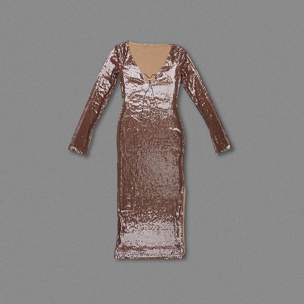 Deep V Long Sleeve Sequin Long Dress - REBECATHELABEL