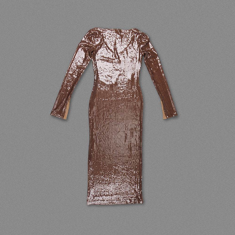 Deep V Long Sleeve Sequin Long Dress - REBECATHELABEL