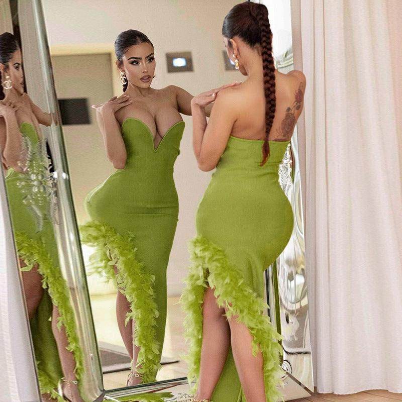 Deep V Plunge Chest Furry Tube Top Dress - REBECATHELABEL