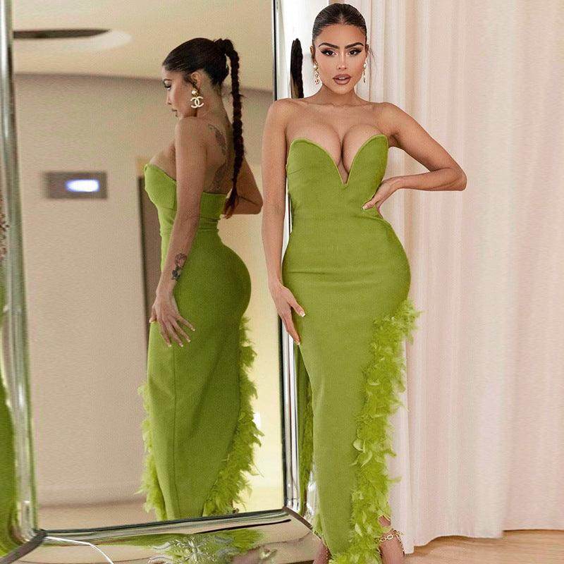 Deep V Plunge Chest Furry Tube Top Dress - REBECATHELABEL