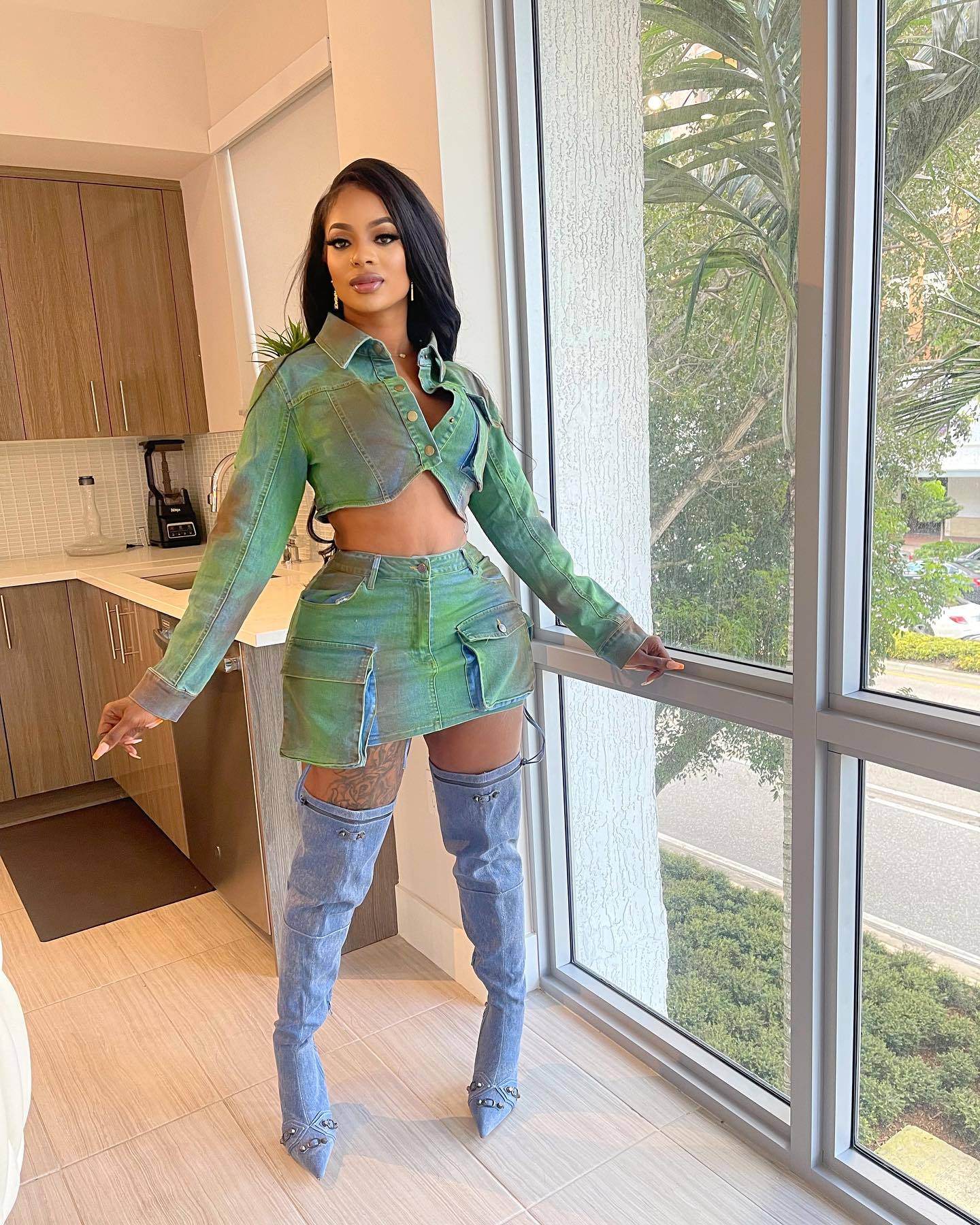 Denim Spray Paint Stretch Suit - REBECATHELABEL