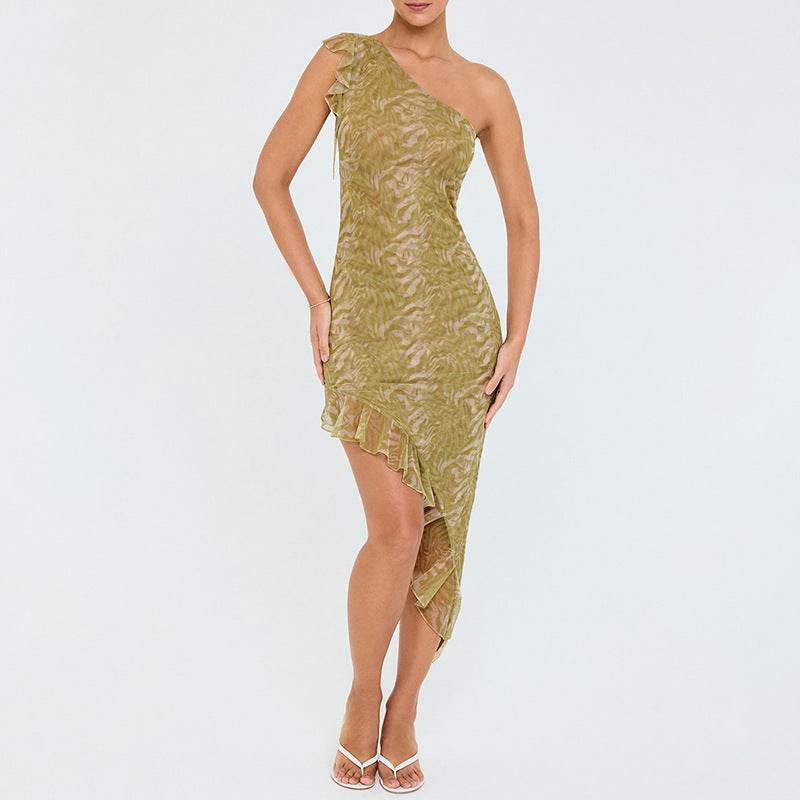 Diagonal Collar Mesh Stitching dress - REBECATHELABEL