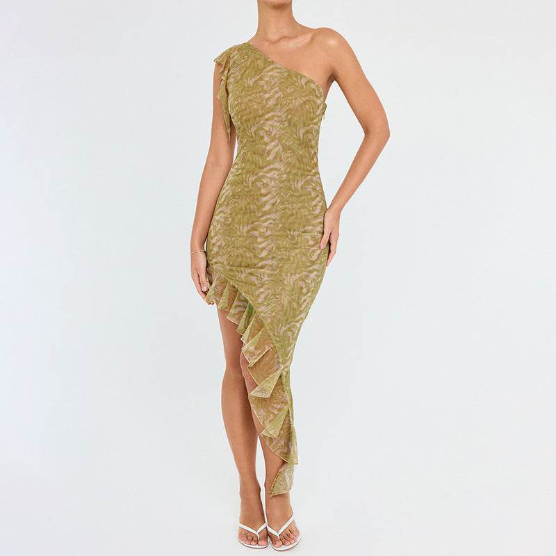 Diagonal Collar Mesh Stitching dress - REBECATHELABEL