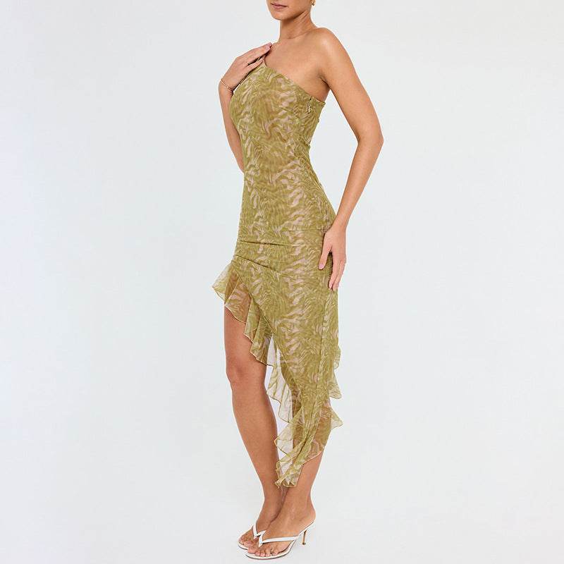 Diagonal Collar Mesh Stitching dress - REBECATHELABEL