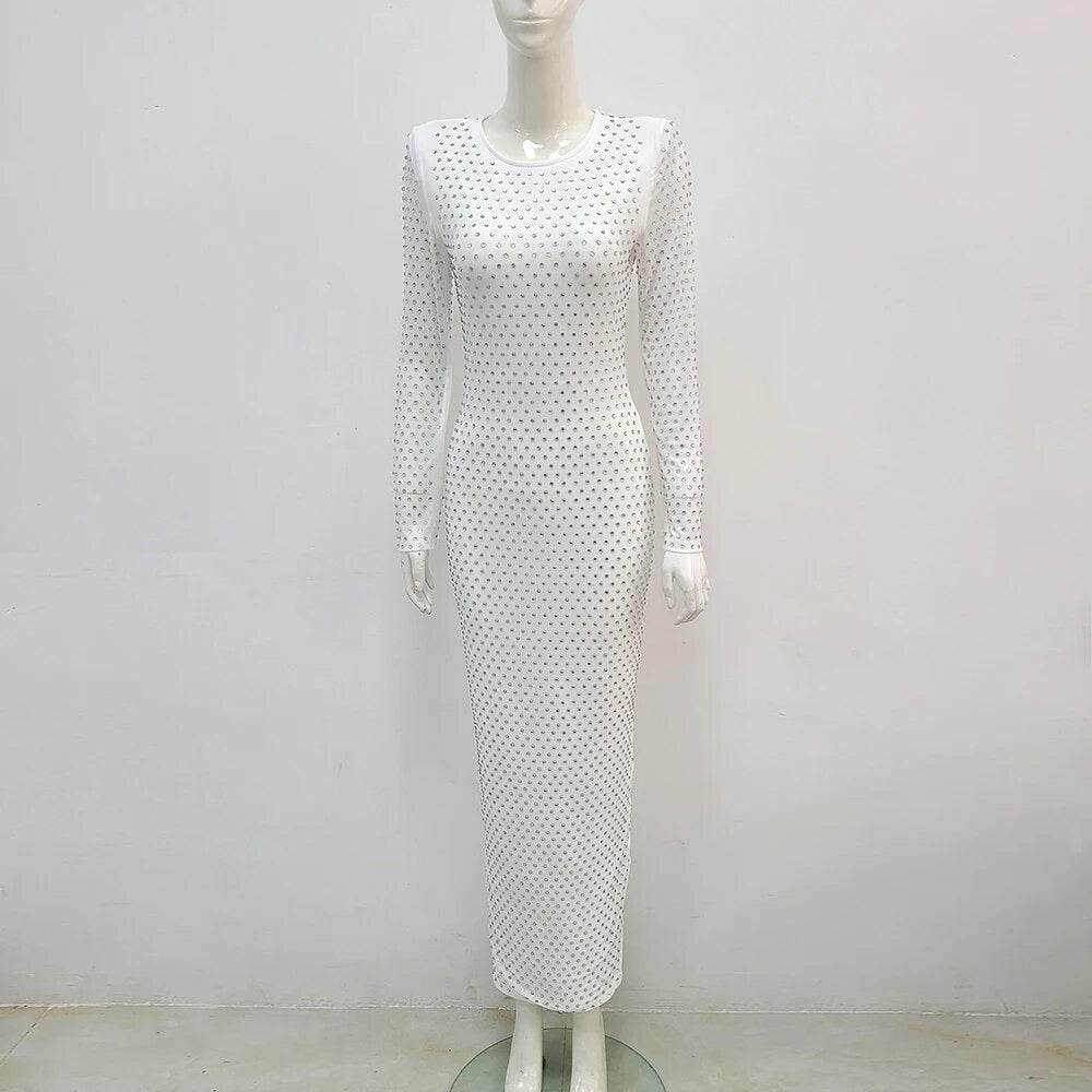 Diamond Backless Long Sleeve Tight Long Dress - REBECATHELABEL