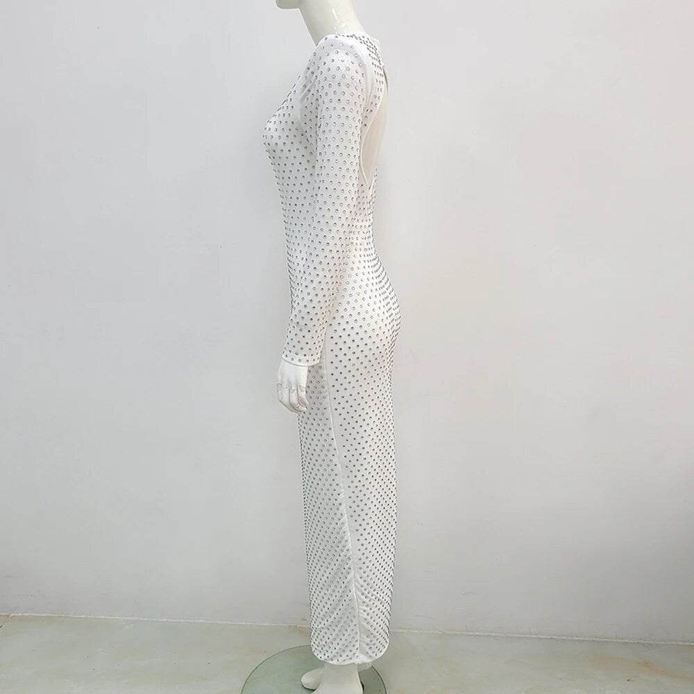 Diamond Backless Long Sleeve Tight Long Dress - REBECATHELABEL