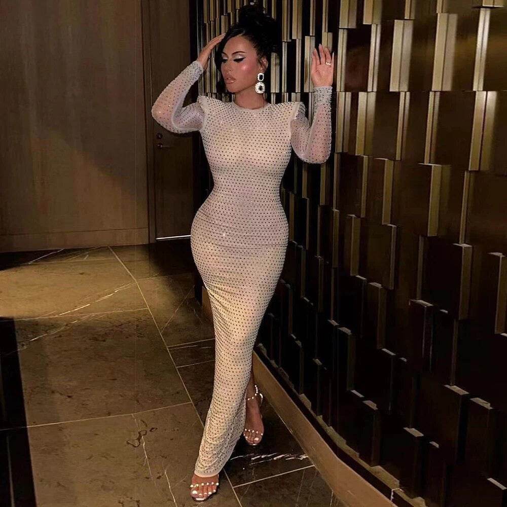 Diamond Backless Long Sleeve Tight Long Dress - REBECATHELABEL
