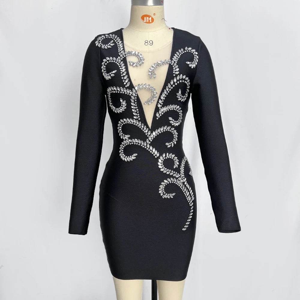 Diamond Bead Design Long sleeved V-neck Mesh Bandage Mini Dress - REBECATHELABEL