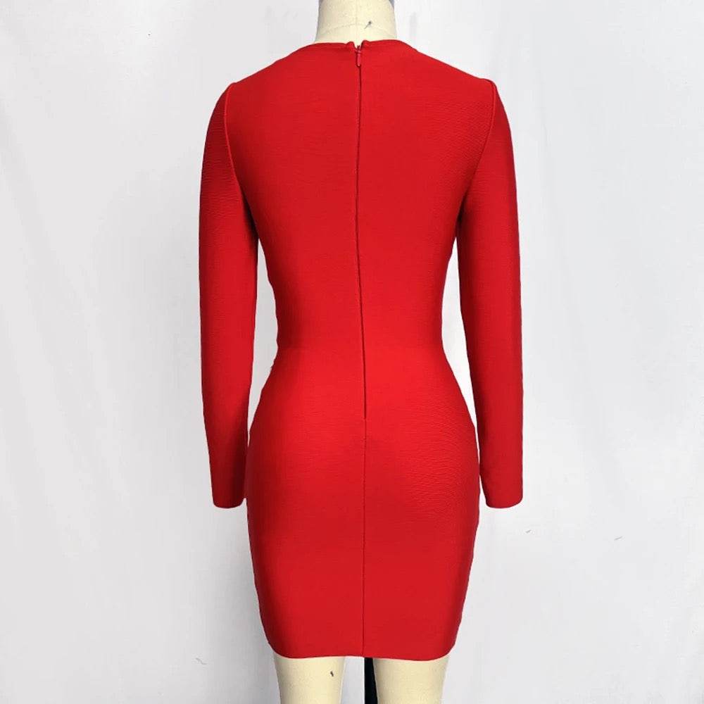 Diamond Bead Design Long sleeved V-neck Mesh Bandage Mini Dress - REBECATHELABEL