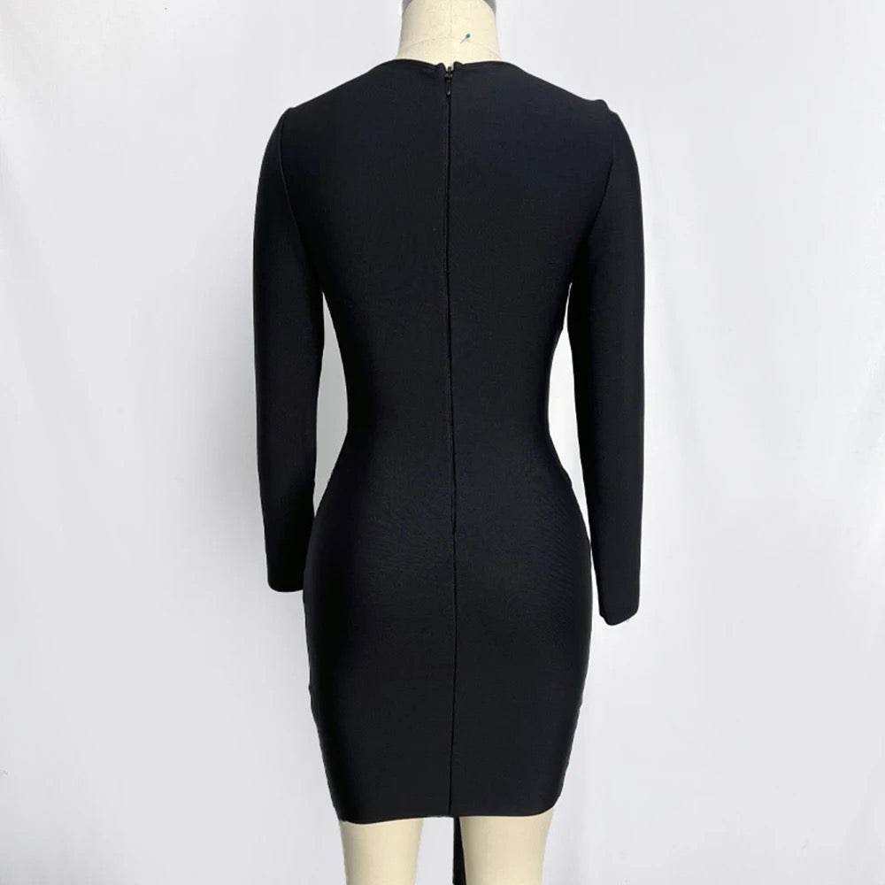 Diamond Bead Design Long sleeved V-neck Mesh Bandage Mini Dress - REBECATHELABEL