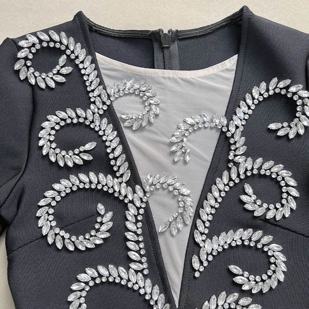 Diamond Bead Design Long sleeved V-neck Mesh Bandage Mini Dress - REBECATHELABEL