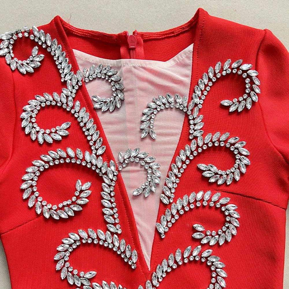 Diamond Bead Design Long sleeved V-neck Mesh Bandage Mini Dress - REBECATHELABEL