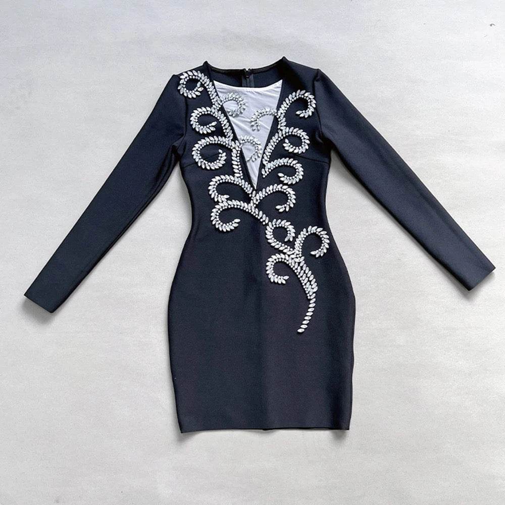 Diamond Bead Design Long sleeved V-neck Mesh Bandage Mini Dress - REBECATHELABEL