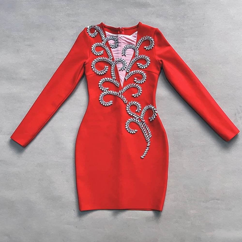 Diamond Bead Design Long sleeved V-neck Mesh Bandage Mini Dress - REBECATHELABEL
