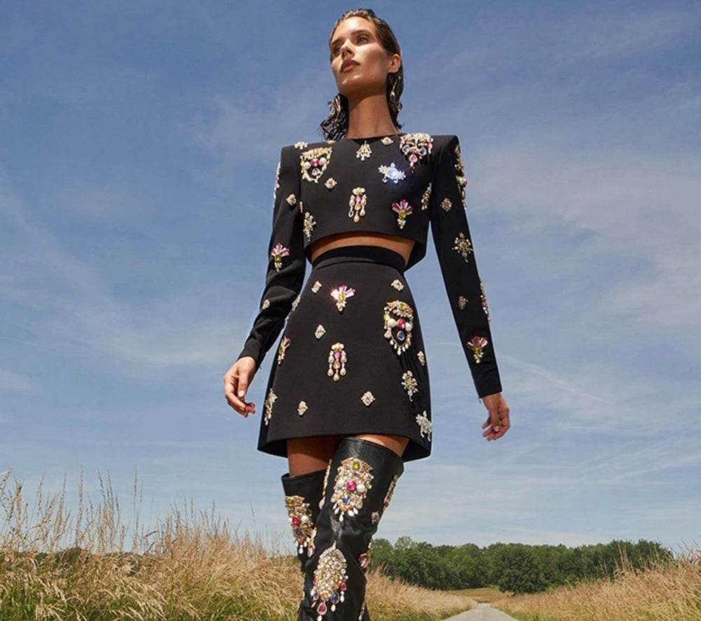 Diamond Bead Short Top+Dress Black Two Piece Set - REBECATHELABEL