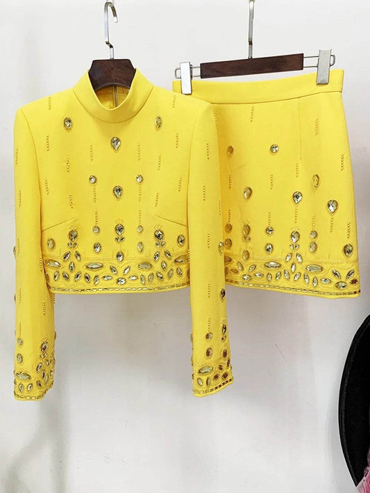 Diamond Beaded Short Top+Dress Yellow Two Piece Suit Set - REBECATHELABEL