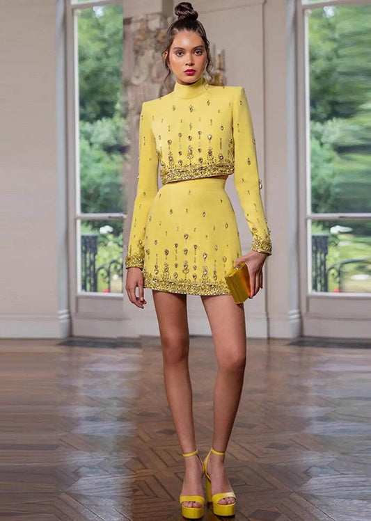 Diamond Beaded Short Top+Dress Yellow Two Piece Suit Set - REBECATHELABEL