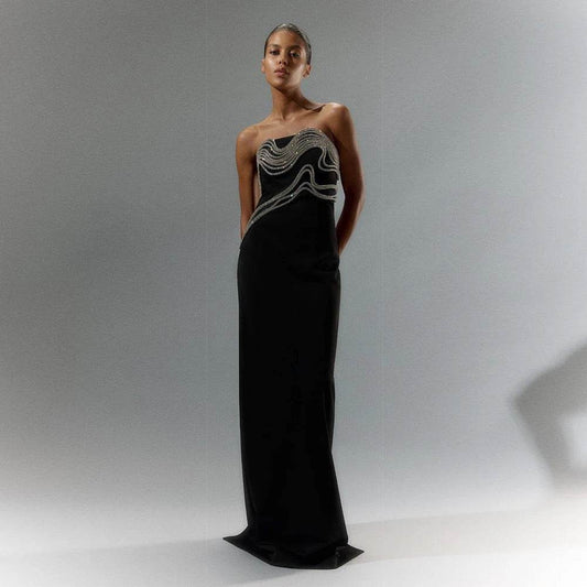 Diamond Decorated Black Sexy Strapless Long Bandage Dress - REBECATHELABEL