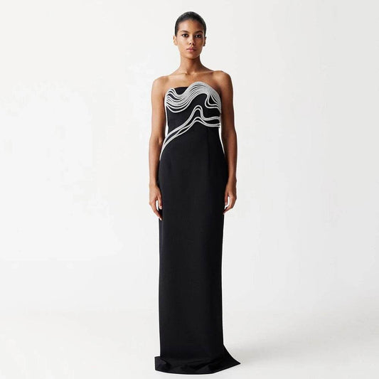 Diamond Decorated Black Sexy Strapless Long Bandage Dress - REBECATHELABEL