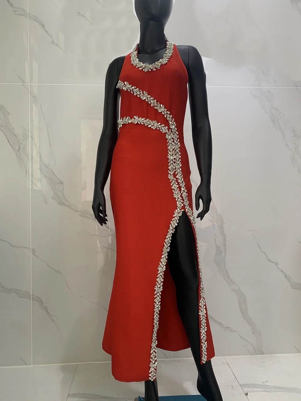 Diamond Design Long Bandage Dress - REBECATHELABEL