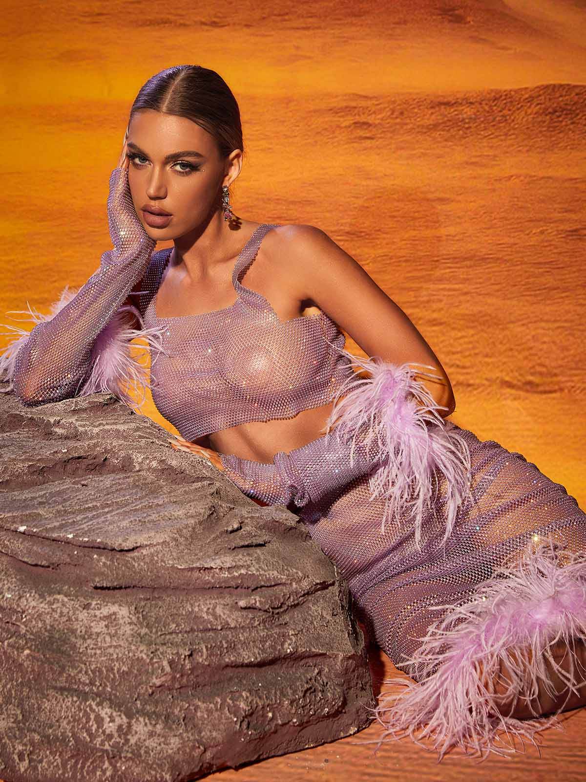 Diamond Feather Trimmed Skirt Set - REBECATHELABEL