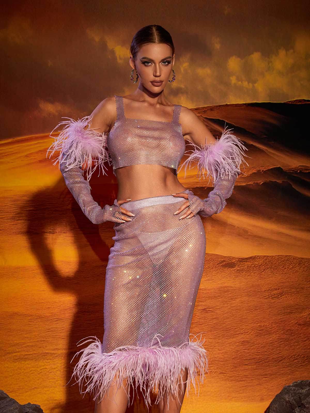 Diamond Feather Trimmed Skirt Set - REBECATHELABEL