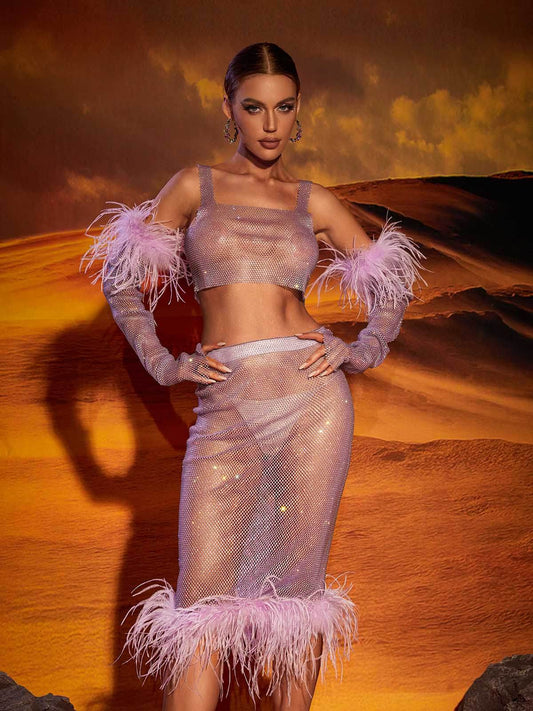 Diamond Feather Trimmed Skirt Set - REBECATHELABEL