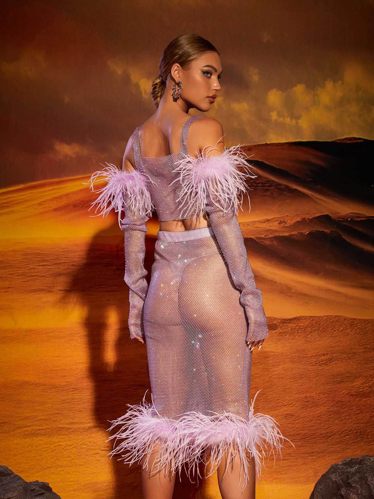 Diamond Feather Trimmed Skirt Set - REBECATHELABEL