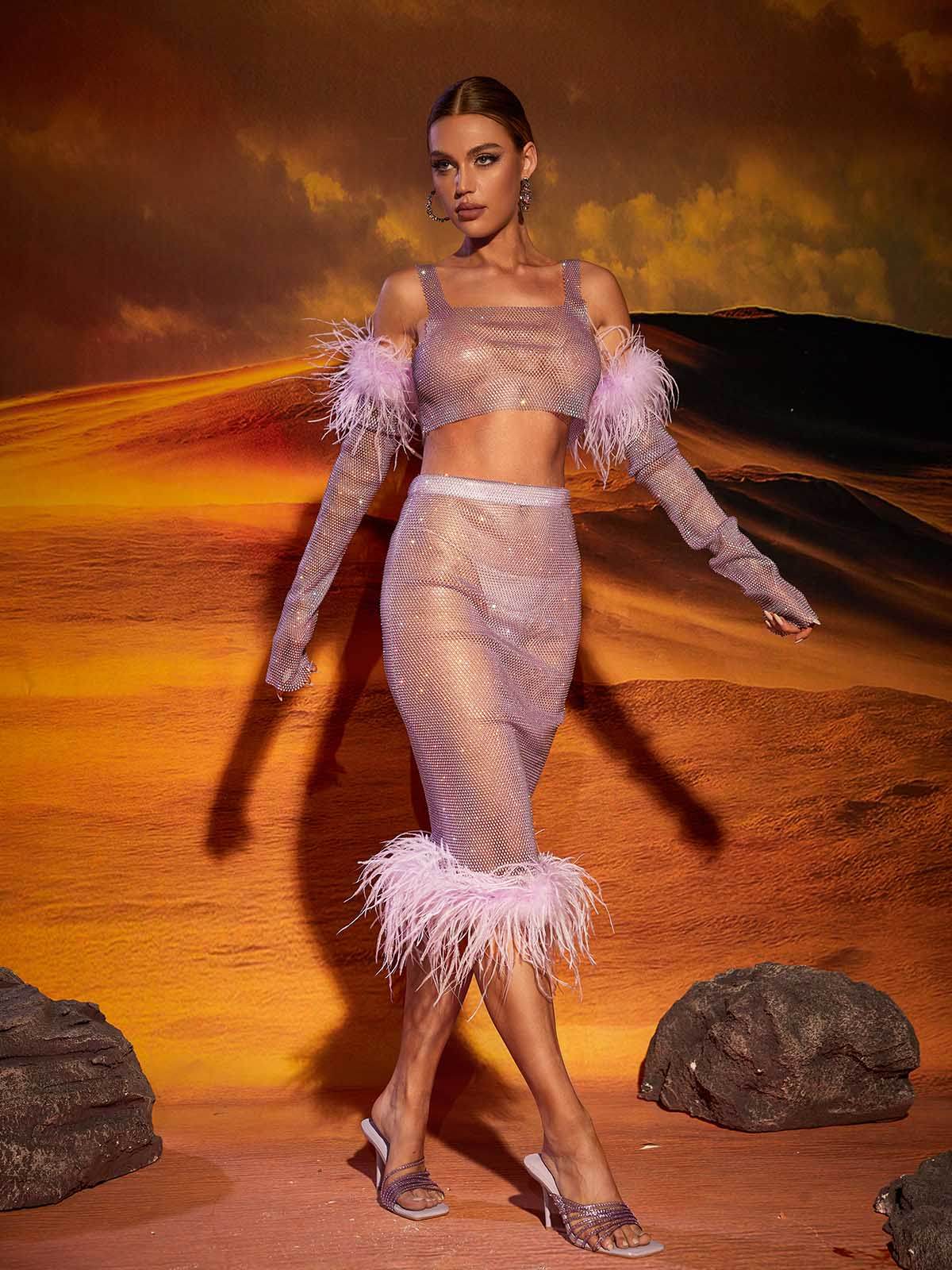 Diamond Feather Trimmed Skirt Set - REBECATHELABEL