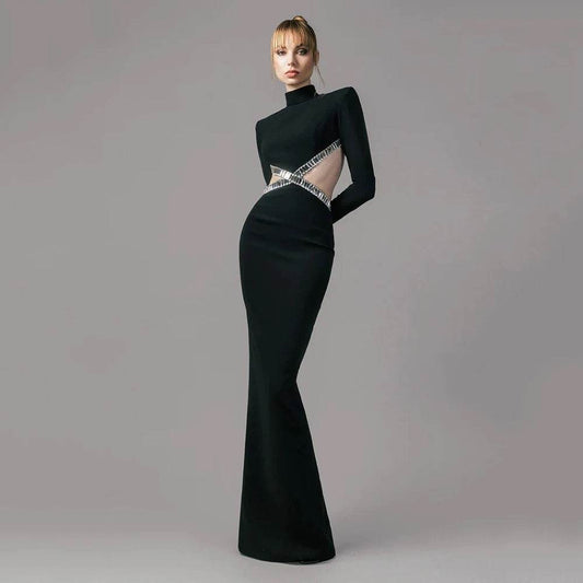 Diamond Hollow Sexy Long Sleeve Backless Long Bandage Dress - REBECATHELABEL