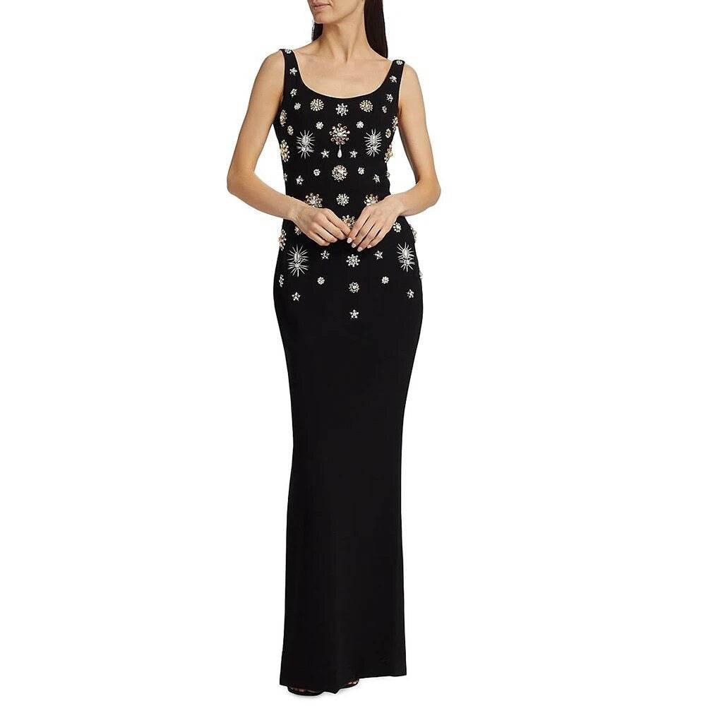 Diamond Long Dress Sleeveless brooch embellishment Slim Fit Maxi Dress - REBECATHELABEL
