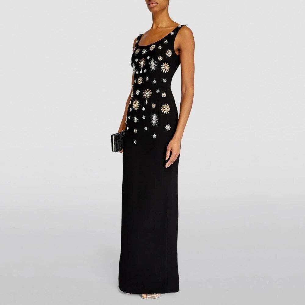 Diamond Long Dress Sleeveless brooch embellishment Slim Fit Maxi Dress - REBECATHELABEL