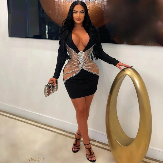 Diamond Mesh Spliced Tight Mini Bandage Dress - REBECATHELABEL