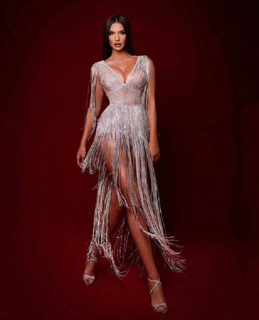 Diamonds Fringed V Neck Bodycon Mini Glitter Sparky dress - REBECATHELABEL