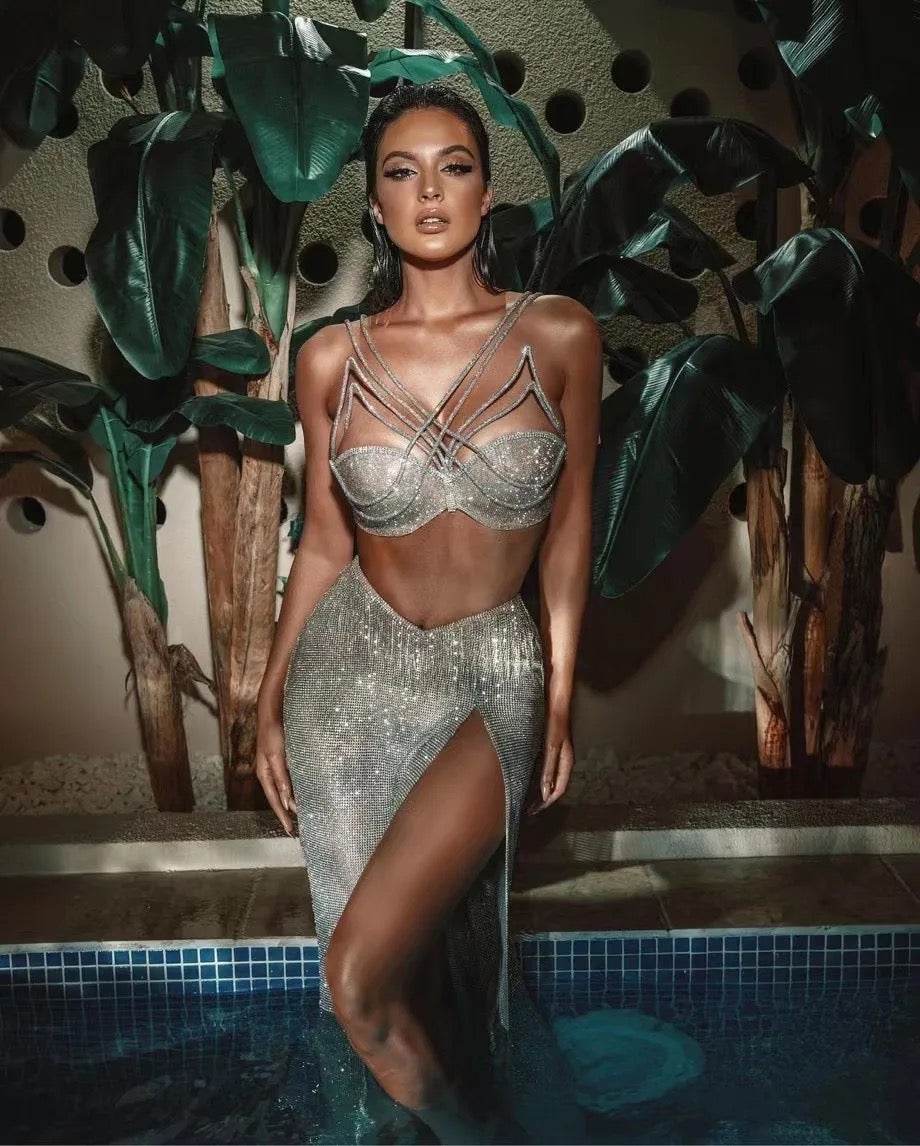 Diamonds Sparkly Backless Mesh Sequins White Maxi Long Bodycon dress - REBECATHELABEL