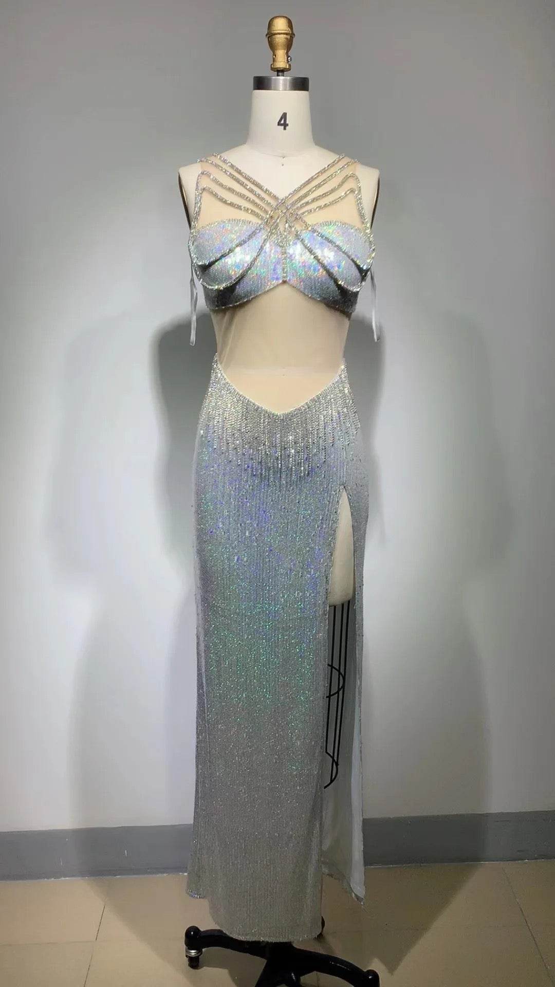 Diamonds Sparkly Backless Mesh Sequins White Maxi Long Bodycon dress - REBECATHELABEL