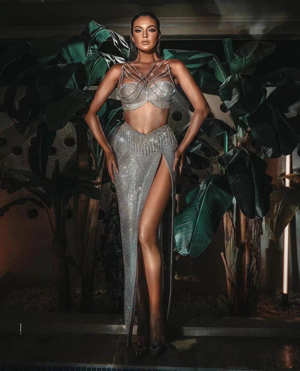 Diamonds Sparkly Backless Mesh Sequins White Maxi Long Bodycon dress - REBECATHELABEL