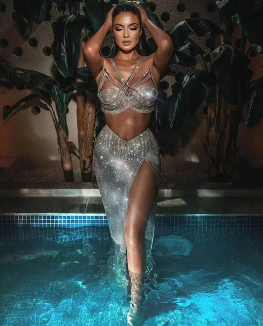 Diamonds Sparkly Backless Mesh Sequins White Maxi Long Bodycon dress - REBECATHELABEL