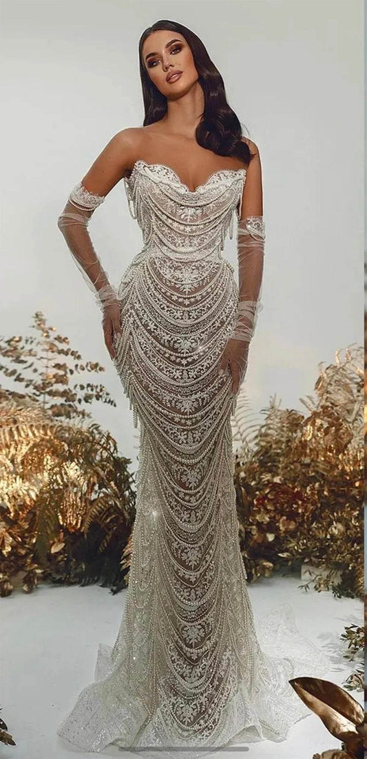 Dress Long sleeved V-neck Off the Shoulder Sequin Lace up Pearl Tassel Zipper Ball Dress - REBECATHELABEL