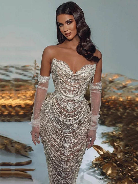 Dress Long sleeved V-neck Off the Shoulder Sequin Lace up Pearl Tassel Zipper Ball Dress - REBECATHELABEL