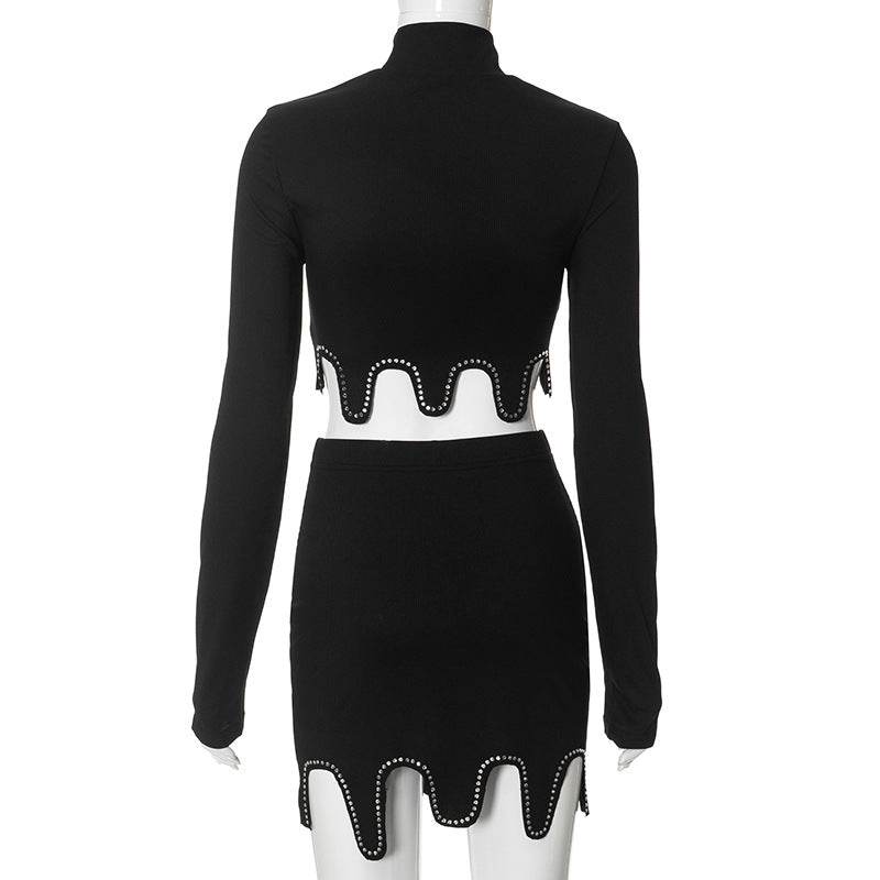 Drilling Sexy Long Sleeve Tight Skirt Sets - REBECATHELABEL