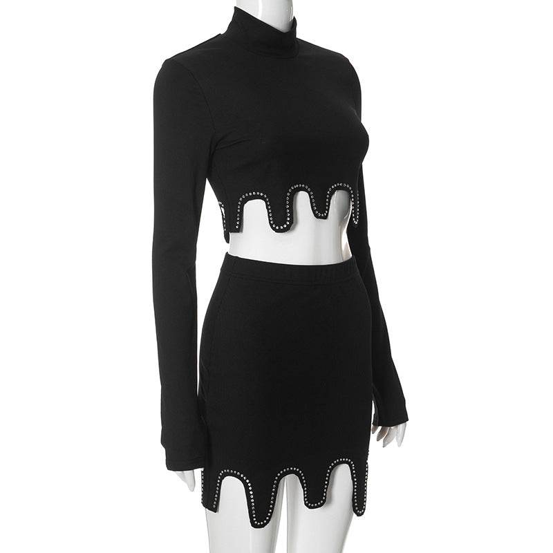 Drilling Sexy Long Sleeve Tight Skirt Sets - REBECATHELABEL