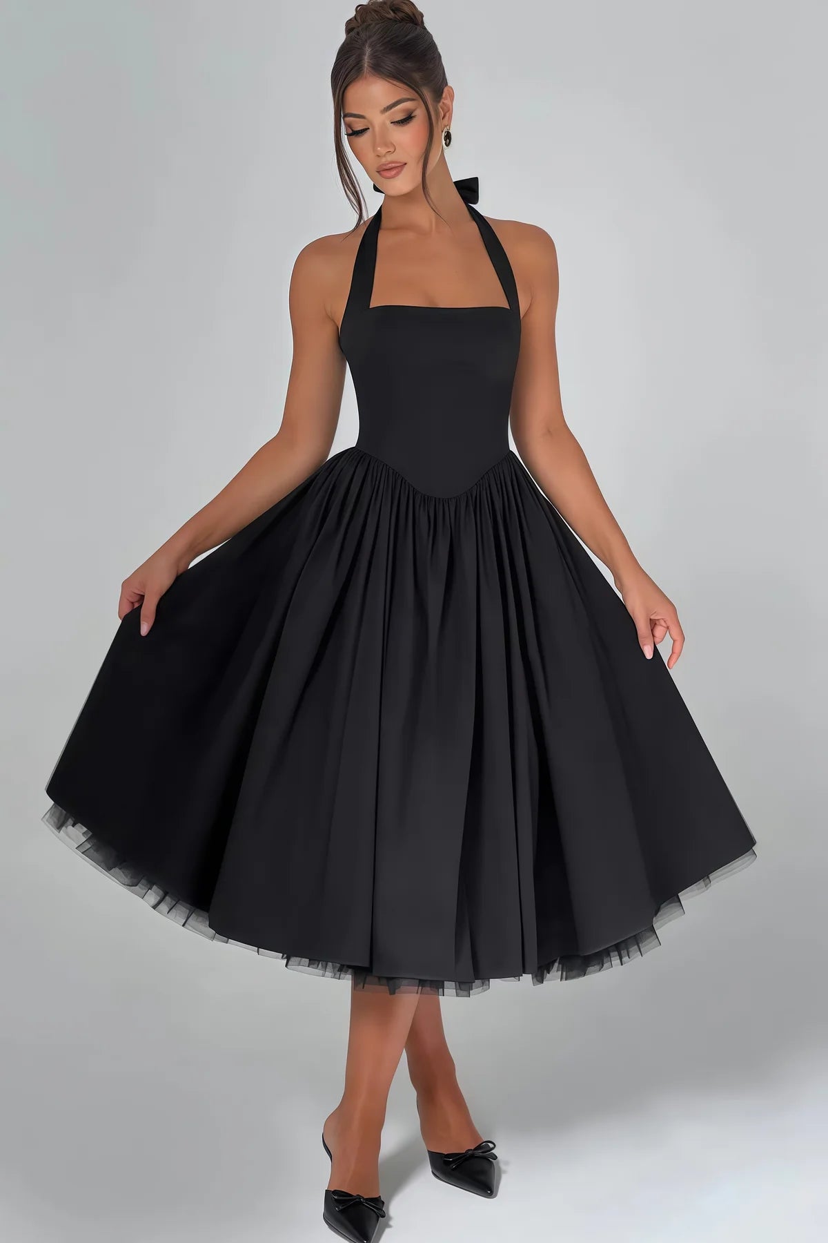 Black Layered Flared Hem Midi Dress