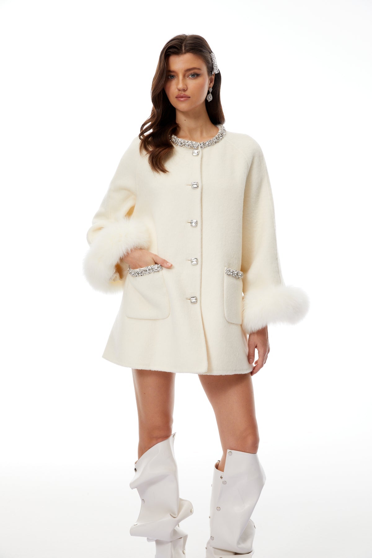 White Fur Trim Embellished Wool Coat