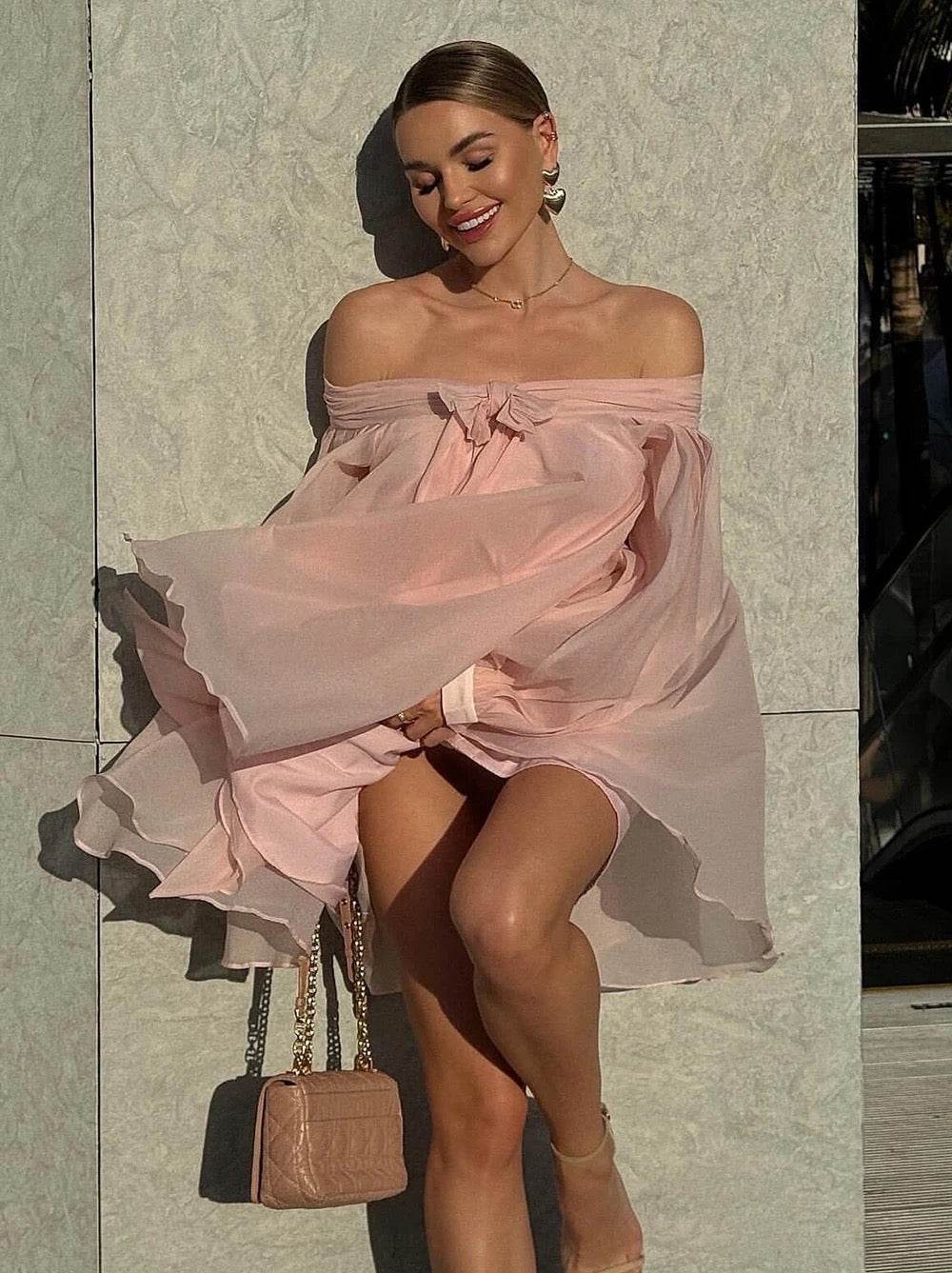 Off Shoulder Long Sleeve Bow Loose Mini Dress - REBECATHELABEL