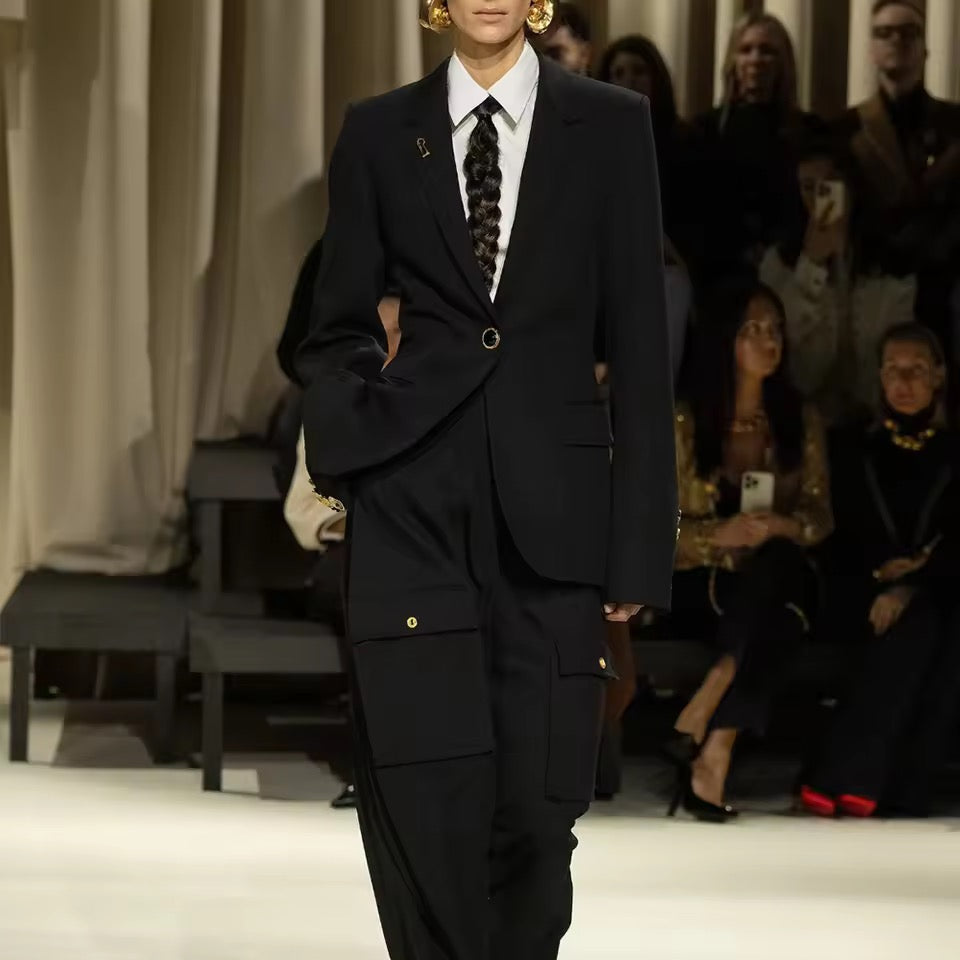 Black Spliced Button Jacket Female Lapel Long Sleeve Slimming Office blazer