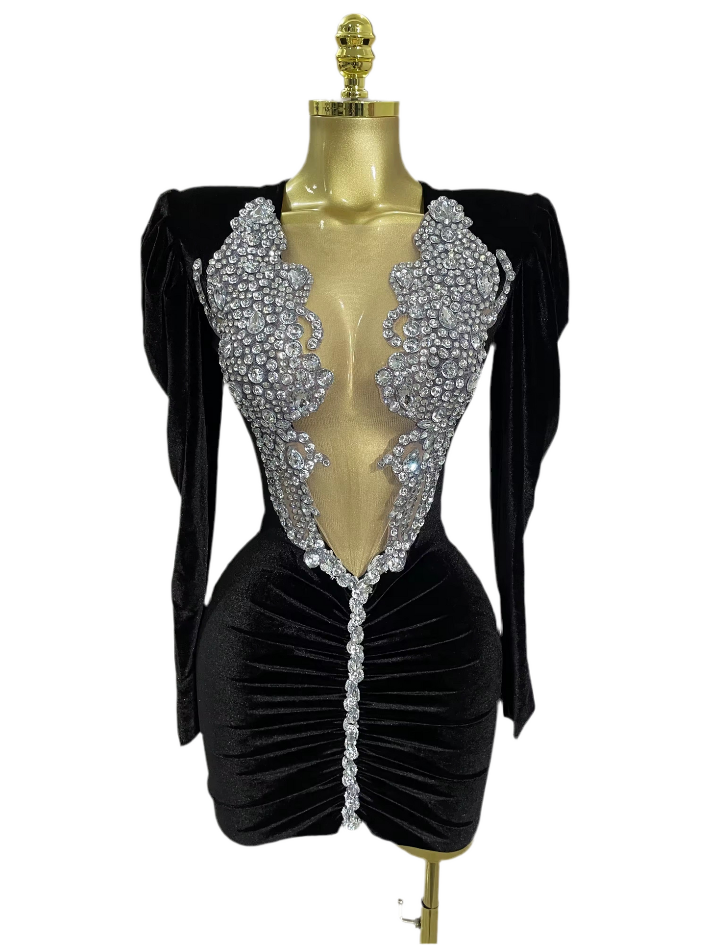 Sparkly Crystals Sexy Mesh Black Velvet Short Dress