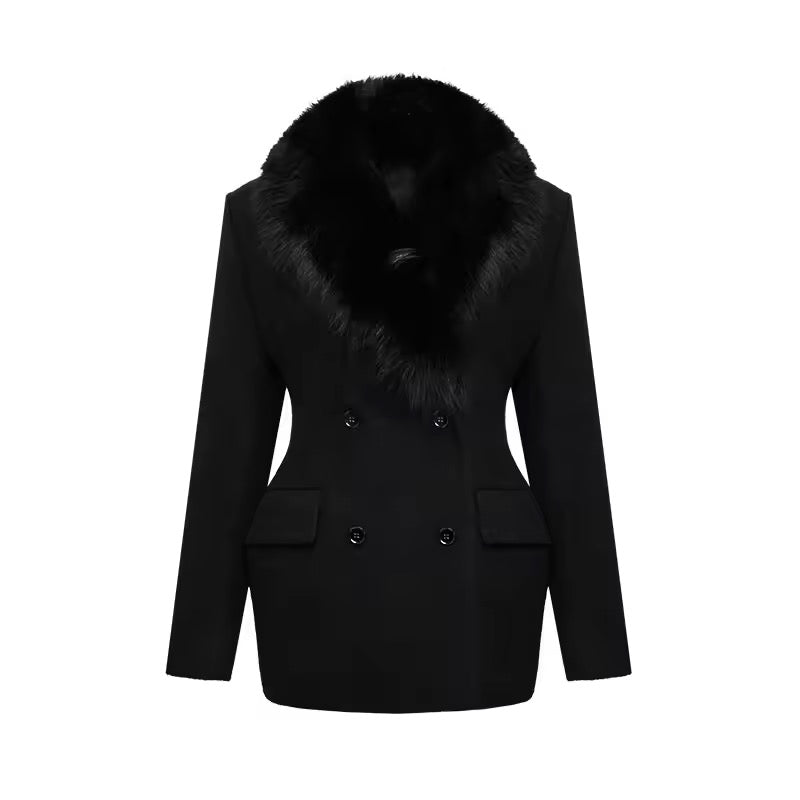 Fur Collar Woolen Patchwork Coat Long Sleeve Double Breasted